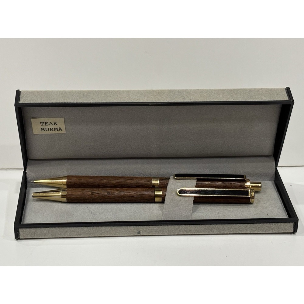 Vintage Burmese Teak Wood Ballpoint Pen & Mechanical Pencil Set Gold Trim Box